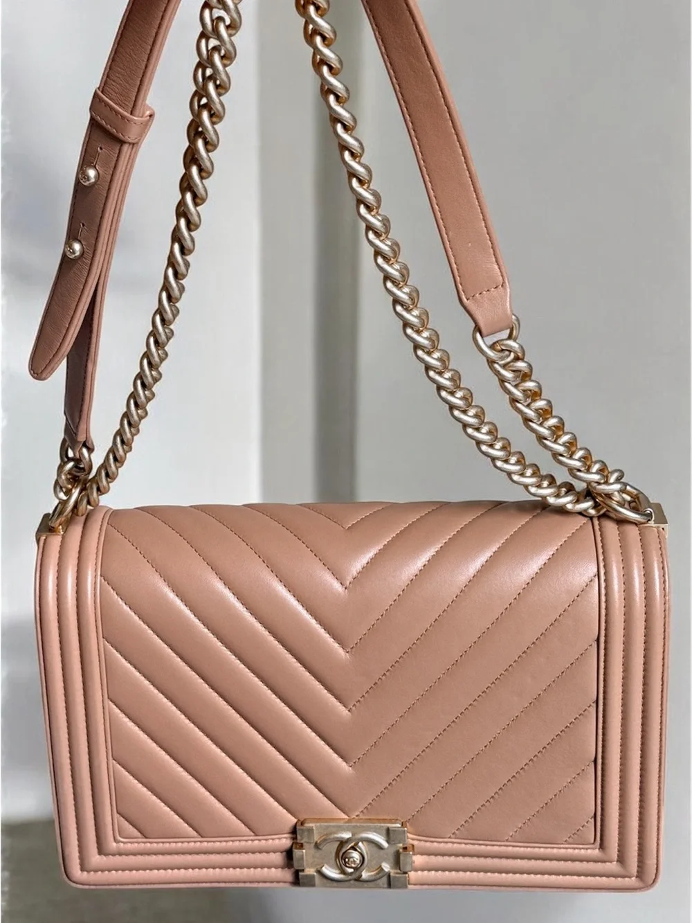 CHANEL Chevron Quilted Medium Boy Bag in Beige - Picture 7 of 14